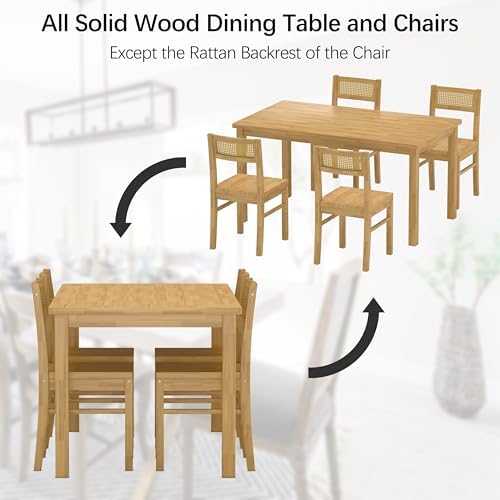 Solid Wood Dining Table Set for 4, 43.3" Dining Table with Chairs Set, Kitchen Dining Table Set with Woven Rattan Backs, Farmhouse Solid Wood Table and Chairs, Natural