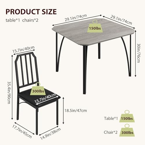 GAOMON 3-Piece Dining Table Set for 2, Modern Kitchen Table with Chamfered Design and Upholstered Chairs, Leather-Cushioned Seats for Small Spaces and Apartments, Space-Saving (Gray/Black,3 Pack)