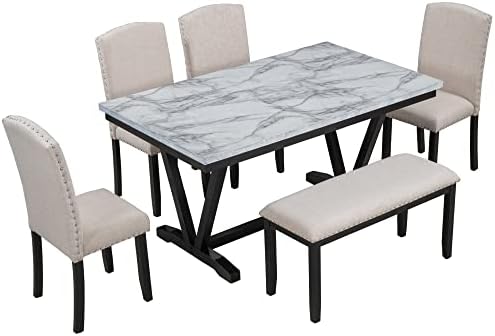 Merax Modern 6-piece Dining Table with Cushions Chairs and Bench, Elegant Dining Table Seat Backs for Dining Room, White