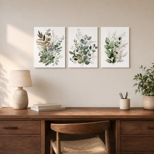 Bwodke Sage Green Botanical Canvas Wall Art Set of 3, 12x16 inch