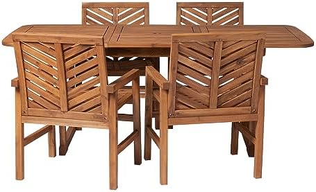 Walker Edison 4-6 Person Outdoor Wood Chevron Back Patio Furniture Dining Set Extendable Table Chairs All Weather Backyard Conversation Garden Poolside Balcony, 5 Piece, Brown