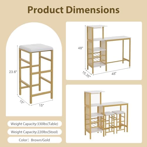 VECELO Bar Table and Chairs Set for 2, Tall Kitchen Counter Dining with Storage Shelves, Cup Holder & Wine Rack, PU Leather Cushion Stools - Small Space Solution, Gold