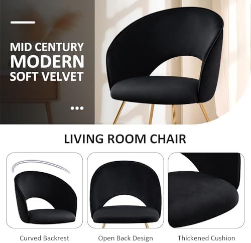 Furniliving Velvet Accent Chair for Living Room, Comfortable Upholstered Barrel Vanity Chair with Back, Mid Century Black Makeup Chair with Gold Legs (Black)