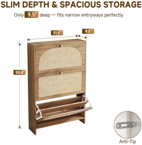 Nicetree Rattan Arched Accent Shoe Storage Cabinet - Freestanding Ultra Slim for Entryway, 3 Flip Drawers & 3-Tier Adjustable Shelves, Farmhouse Modern Rustic Shoe Rack for Hallway, Foyer, Living Room