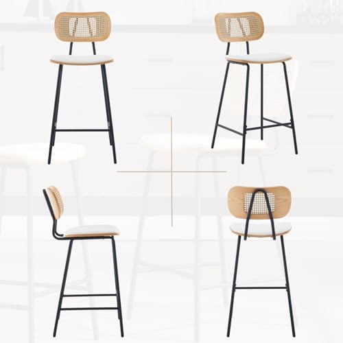 HEAH-YO Rattan Counter Stools Set of 2, 26 Inches Counter Height Bar Stools with Rattan Back and Metal Legs, Faux Leather Kitchen Stools for Island, PU White