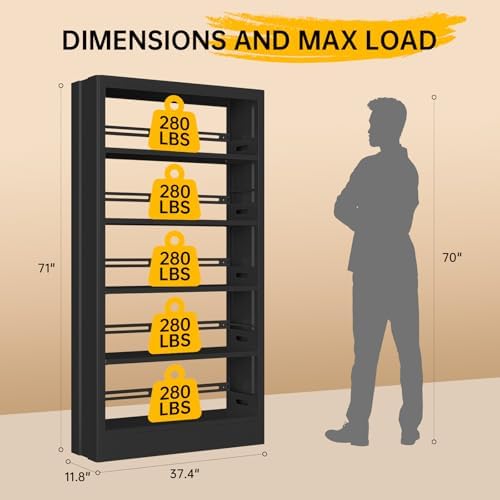 71"H Metal Bookshelf, 5 Tier Bookcase with Adjustable Shelves, Tall Bookcase,Heavy Duty Storage Bookshelves for Library, Office, Bedroom, Living Room, Classroom, Including Book Stopper (Black)
