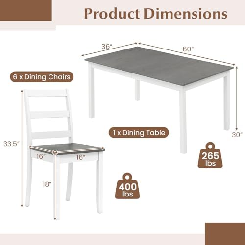 GIANTEX 7-Piece Dining Table Set for 6, Rectangular 60-inches Kitchen Table and 6 Dining Chairs with Rubber Wood Legs, Protective Foot Pads, Farmhouse Dinette Set for Dining Room, Restaurant (Gray)