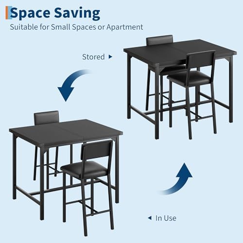 GarveeHome Dining Table Set for 2 with Corner Protector, Kitchen Table Set w/Footrest & Backrest, Counter Height Table with 2 Upholstered Bar Chairs, for Small Space, Retro Black