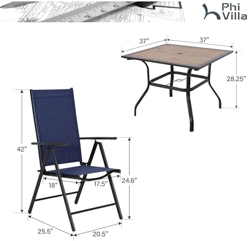 PHI VILLA Outdoor Dining Set for 4, Square Table w/Folding Chairs, Blue