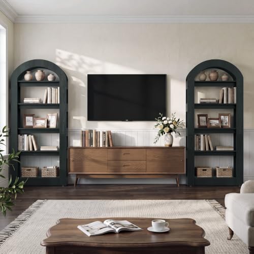 LITTLE TREE 5-Tier Bookshelf, Arch-Shaped Racks, Tall Standing Wooden Bookcase Display Shelf Modern Storage Solution (2, Black)
