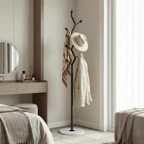 Black Freestanding Coat Rack & Tree Marble Base 9 Hooks