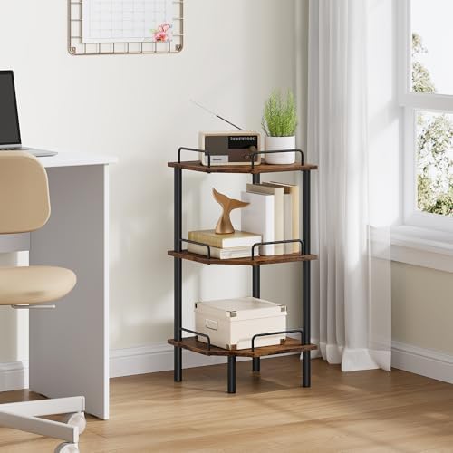 Tajsoon 3 Tier Corner Shelf Stand, Small Corner Table, Rustic Brown