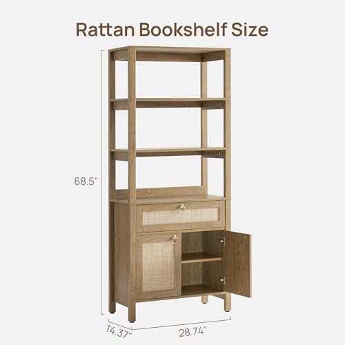 SICOTAS 68.5" Tall Boho Rattan Bookshelf with Single Drawer & Storage Doors