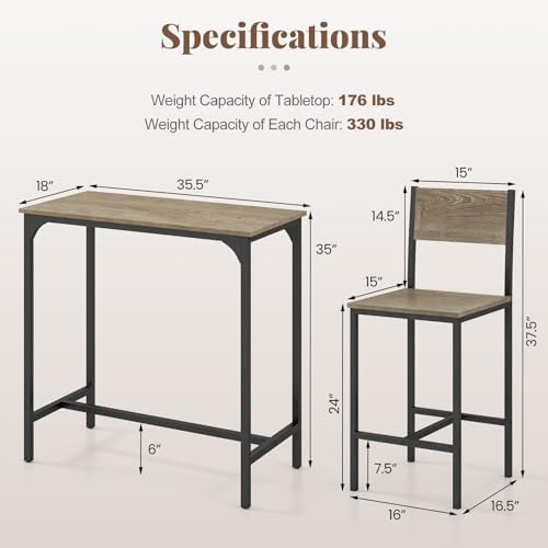 GIANTEX 3-Piece Bar Table and Chair Set with 2 Counter Height Bar Stools, Breakfast Nook Table Set for Small Space, Dinette, Pub, Kitchen, Apartment, Restaurant, Dining Table Set for 2 (Grey)