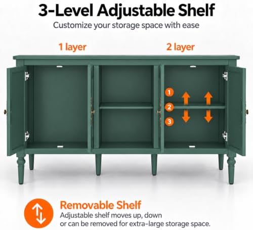 59" Vintage Sideboard Buffet Cabinet with Adjustable Shelves, Green
