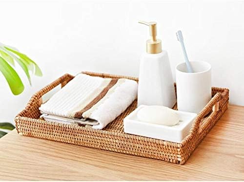 Hand-Woven Rattan Rectangular Serving Tray with Handles for Breakfast, Drinks...