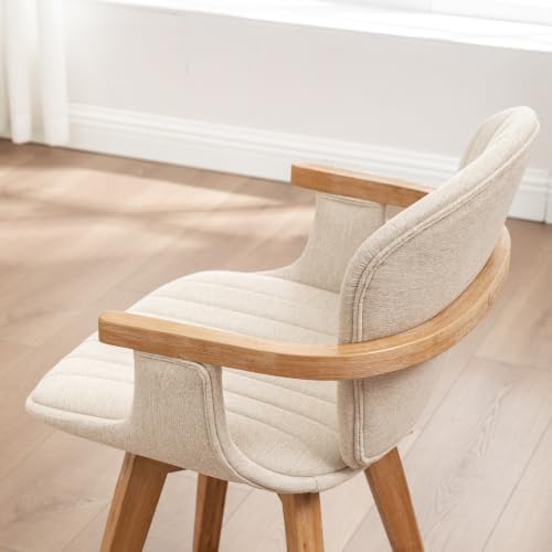 LUNLING Swivel Dining Chairs Set of 4 with Arms Mid Century Modern Beige Charcoal Linen Look Fabric Kitchen Chairs,Bamboo Wood Legs Side Chairs No Wheels,Accent Chair for Offices