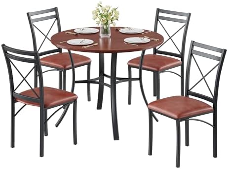 VECELO 5 Piece Dining Table Set for 4 with Chairs, Wood Grain Tabletop, Small Space, Kitchen, Breakfast Nook, Brown