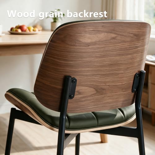GrandNoor Mid Century Modern Dining Chairs with Walnut Grain Back, Green Faux Leather Dining Room Chairs Set of 2, Checkered Soft Cushion Kitchen Chairs with Adjustable Foot Pads