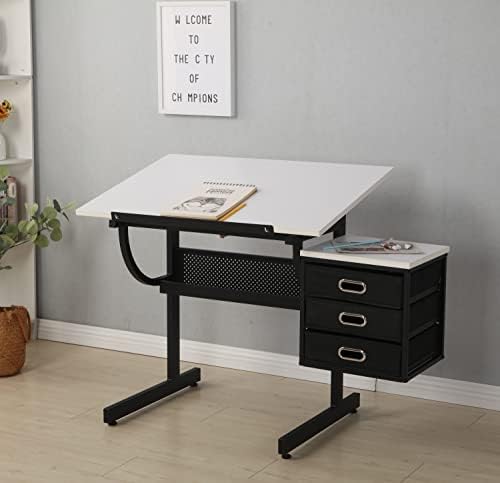 Adjustable Drawing Table with 3 Drawers & Stool, for Art & Work