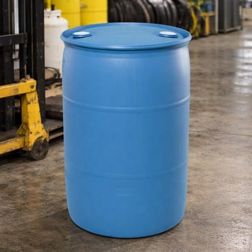 Bushman 55 Gallon Plastic Drum, Stackable Industrial Storage Barrel, Blue