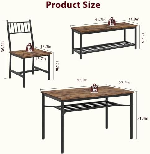 Garvee Dining Table Set for 4 with Bench and Chairs, 4-Piece Kitchen Table Set with Storage – Space-Saving Dining Table for Apartments and Dining Rooms, Brown