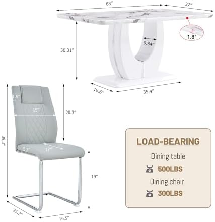 JUFU Modern Dining Set Table and 4 Chairs,White Faux Marble Dining Table Set for 4,Dining Room Table Set and 4 PU Leather Upholstered Dining Chairs,63'' Large Dinner Table Set