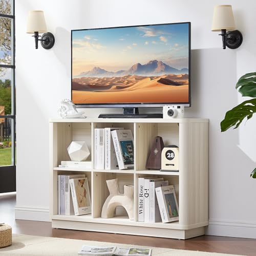Joaxswe 6 Cube Bookcase, 40" Wide Horizontal 2-Tier Book Shelf w/Curved Edge, Wood Low Floor Standing Bookshelf with Base, Modern Short Storage Organizer for Living Room,Office, Gray-White Cream Oak