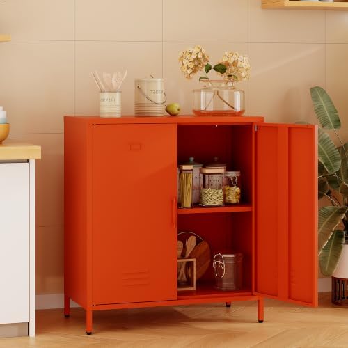 Metal Storage Cabinet with Adjustable Shelves & Magnetic Doorstops, 2-Door Metal Side Cabinet, Storage Cabinets for Living Room Kitchen Office,Orange