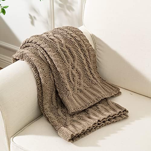 Battilo Tan Throw Blanket for Couch, 51"x67" Textured Cable Knit Bl...