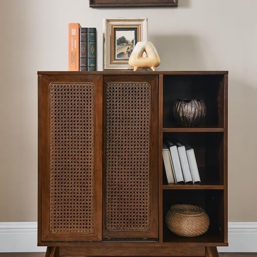 LKTART Mid Century Modern Small Rattan Sideboard Buffet Storage Cabinet