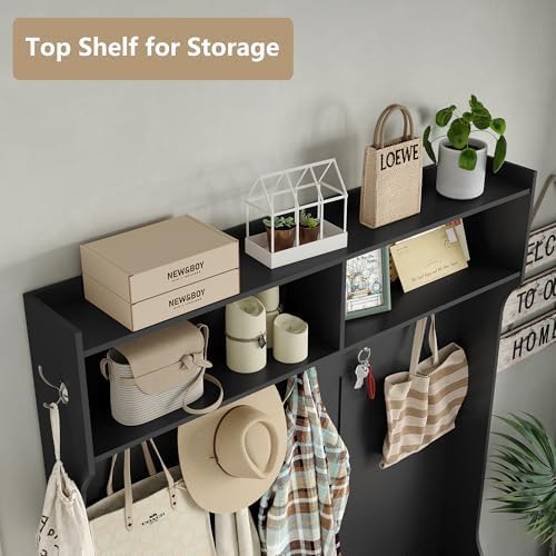 Furnihold Hall Tree, Black Entryway Bench with Coat Rack, 10 Shoe Storage &am...