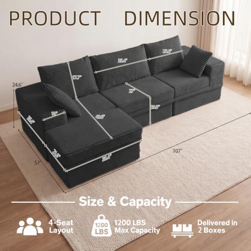 107" L-Shaped Modular Sectional Sofa with Movable Ottoman, Oversized Boneless Couch with Storage for Living Room, Corduroy Cloud Couch with High-Back Extra Deep Seats, No Assembly, Dark Grey