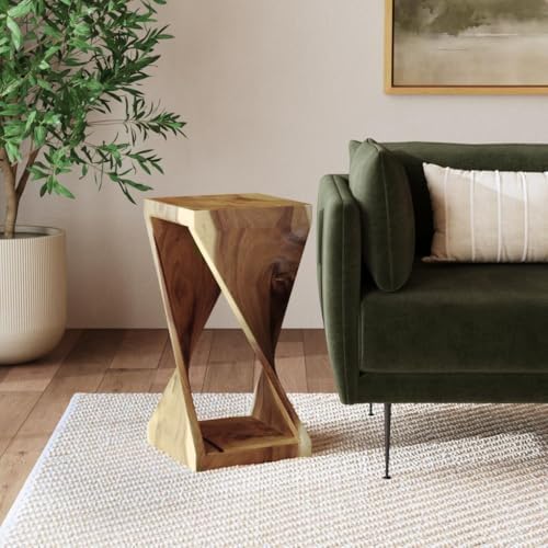 East at Main Cason Teak Side Table, Hand-Carved Twist Wood End Table