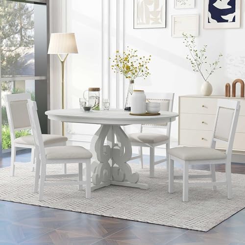 Extendable Dining Table Set for 4-6, Farmhouse Kitchen Table Set with Extendable Round Dining Table & 4 Upholstered Chairs, Solid Wood Table and Chairs Set for Kitchen, Dining Room, Antique White