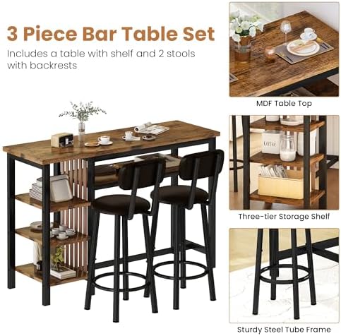 Bar Table and Chairs Set, 47'' Counter Height Dining Table Set with Storage