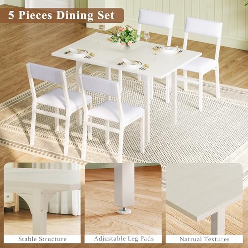 HUAHUU Dining Table Set for 4, Extendable Kitchen Table Cushion Chairs Set of 4, Rectangle Dining Table with Metal Frame & MDF Board, Folding for Small Apartment Saving Space, White