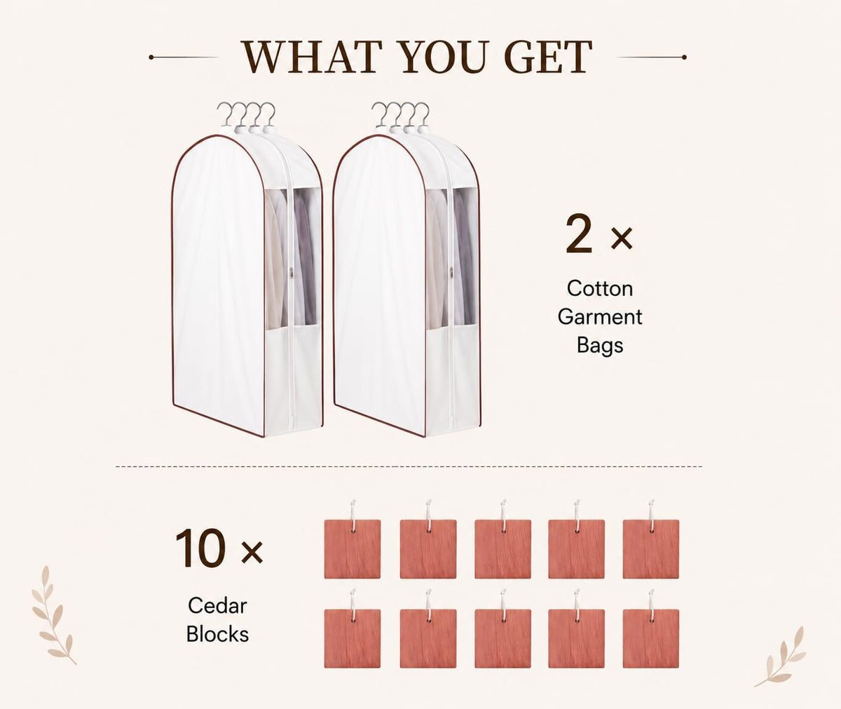 41" Cotton Garment Bags for Hanging Clothes, 2 Pack Breathable Suit Bags for Closet Storage, 10" Wide Gusseted & Clear Window, for Suits, Short Dresses, Sweaters, with Cedar Blocks