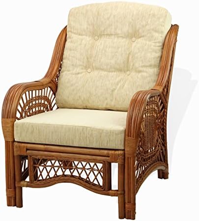 Malibu Lounge Living Accent Armchair Natural Rattan Wicker Handmade Design, Colonial with Cream Cushion