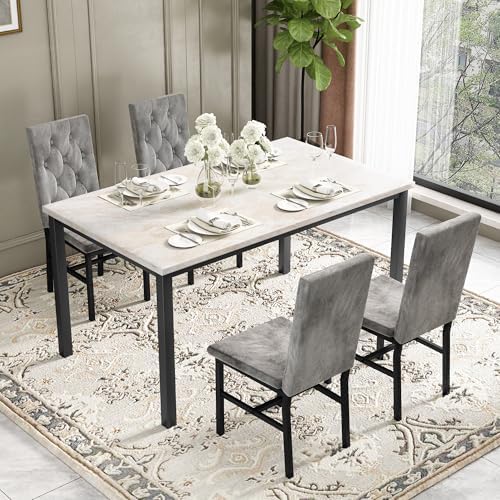 Hooseng Dining Table Set for 4, Faux Marble Small Kitchen Table Chairs Set of 4 with Luxurious Button Tufted Dinner Chairs for Kitchen and Dining (Beige)