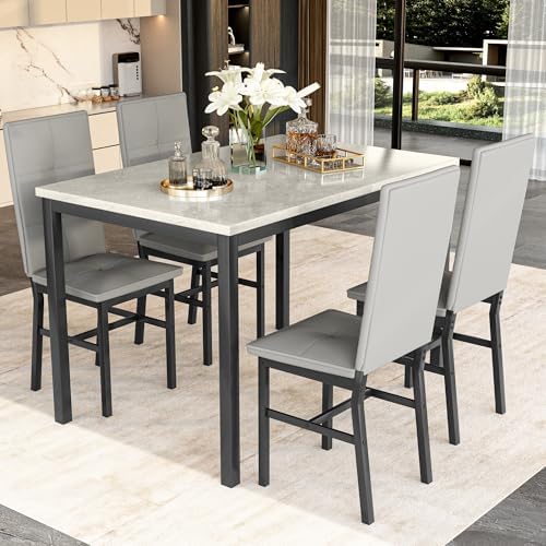 Hooseng Dining Table Set for 4, Faux Marble Small Kitchen Table with 4 PU Leather Chairs, Modern 5 Piece Dinner Table Set for Dining Room, Breakfast Nook, Samll Space, Grey