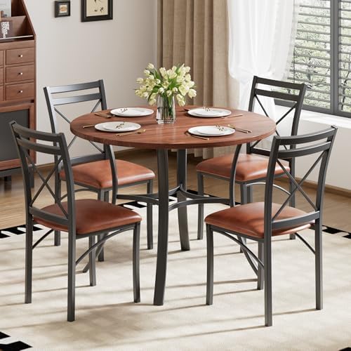 VECELO 5 Piece Dining Table Set for 4 with Chairs, Wood Grain Tabletop, Small Space, Kitchen, Breakfast Nook, Brown
