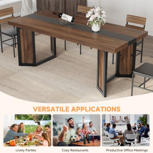 Industrial Dining Table for 6-8 People, 71" Large Long Wooden Kitchen Table with Sturdy Metal Frame & Brown Finish, Rustic Style Rectangular Dinner Table for Dining Room, Kitchen (Reddish Brown )