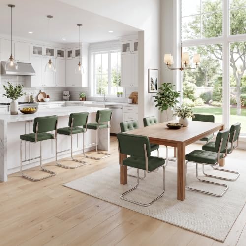 Zesthouse Faux Leather Dining Chairs Set of 4, Industrial Metal Chairs with Stainless Chrome Legs, Mid Century Modern Cesca Chair for Kitchen & Dining Living Room, Upholstered Armless Chair, Green