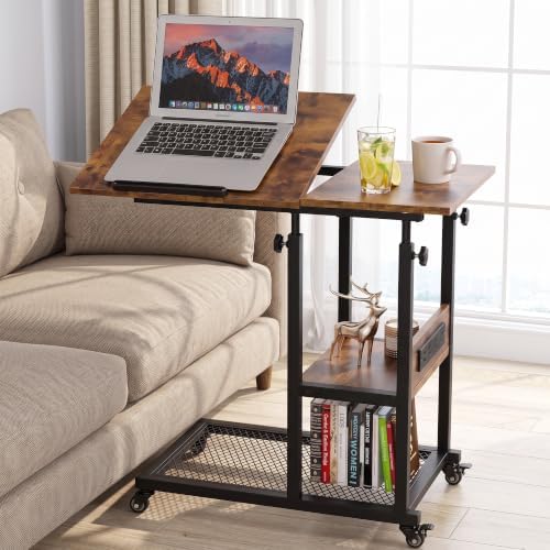 Hadulcet Adjustable C Table with Charging Station, Tiltable Desk C Shaped End Table for Couch, Over Bed Table with Wheels Adjustable Height, Hospital Table Laptop Stand Drawing Desk, Rustic Brown