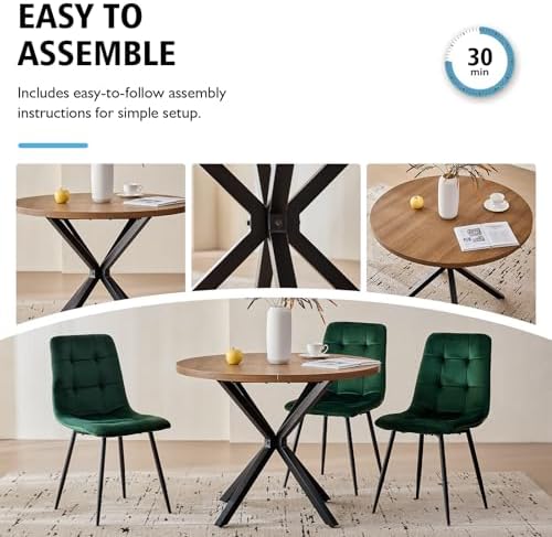 39" Round Dining Table Set for 4(Brown Table+4 Green Chairs)