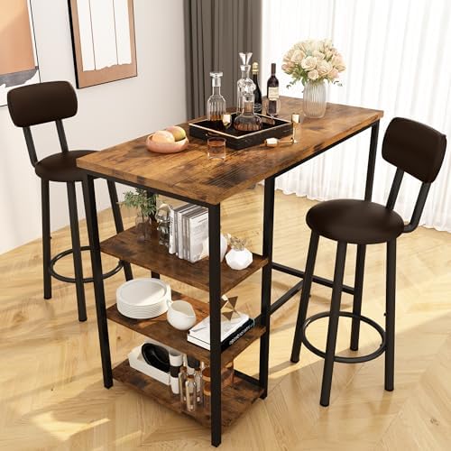 Kitchen Dining Table Set for 2, Bar Table and Chairs Set with 3 Storage Shelves, Tall Dining with 2 PU Leather Backrest Stools for Small Space, Kitchen Island, Apartment, Brown