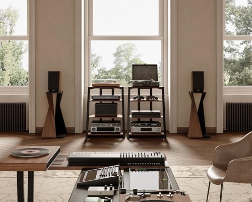 FITUEYES 4-Tier AV Media Stand Corner Shelf for Record Player HiFi, Walnut