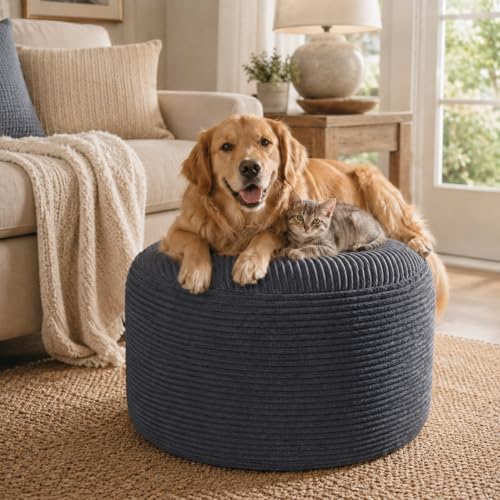 Round Stuffed Pouf Ottoman, Foot Stool Ottoman,Corduroy Poufs with Foam Chunk Filling, Furry and Fluffy Storage Ottomans, 26 X 18 Floor Poufs Foot Rest for Living Room,Gray