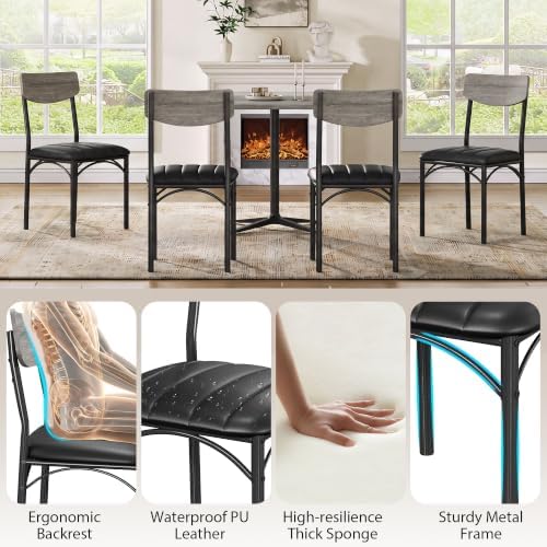 Jocoevol Dining Chairs Set of 4 - Upholstered Dining Room Chairs with PU Leather, Industrial Kitchen Chairs with Wooden Backrest and Thickened Metal Legs, for Dining Room, Living Room（Gray）